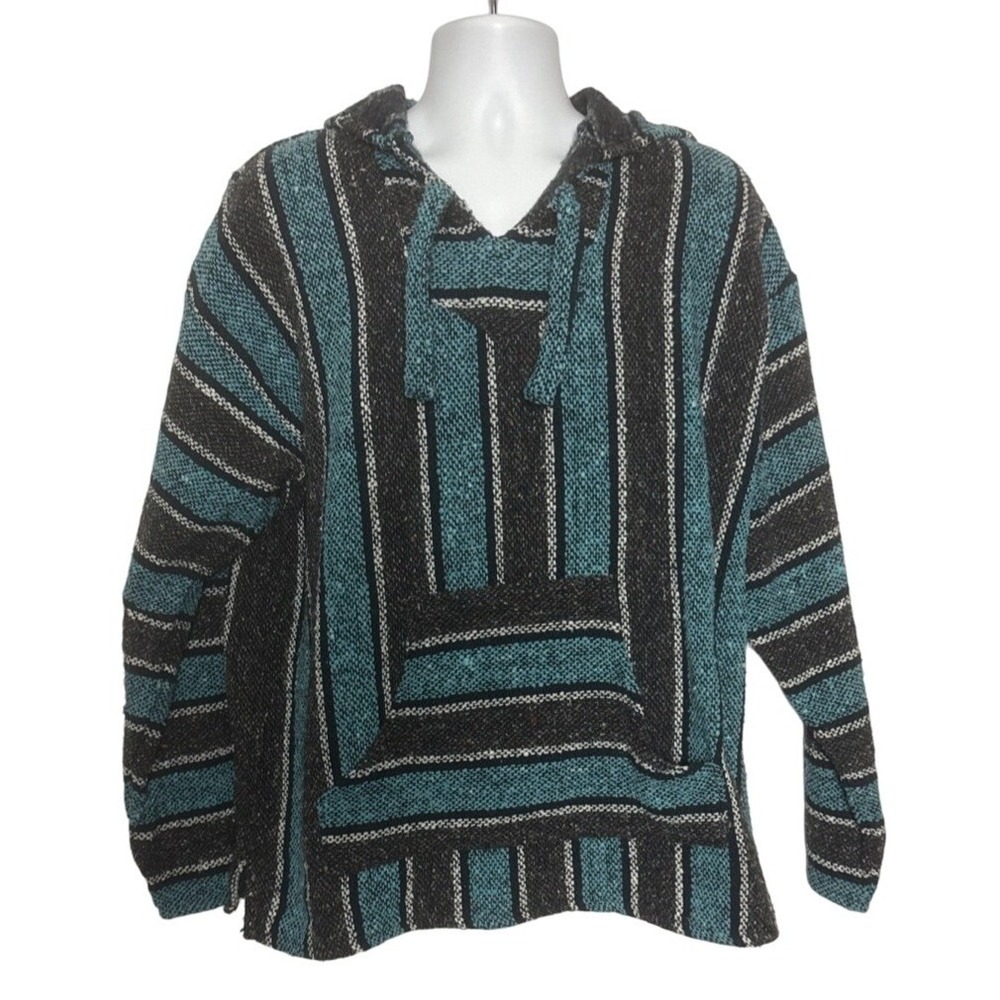BAJA Hoodie Men XL Blue Black Striped Hooded Pullover Southwestern‎ Surf Rasta